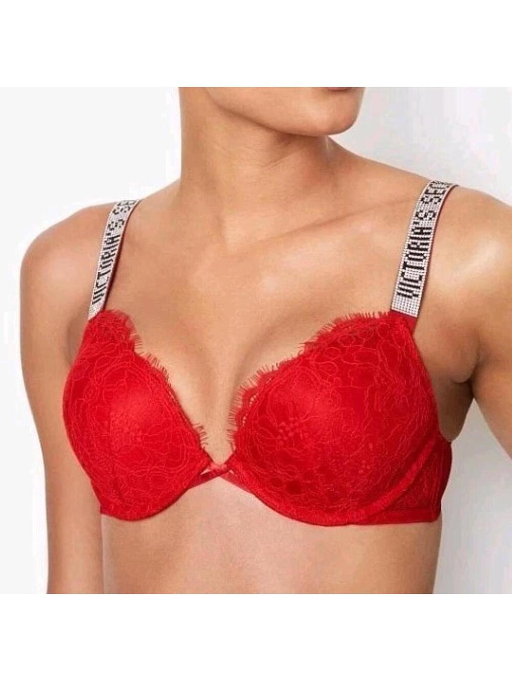 Retired Victoria's Secret Push Up Bra Lace Add 2 cups Red sexy Rhinestone 36B
